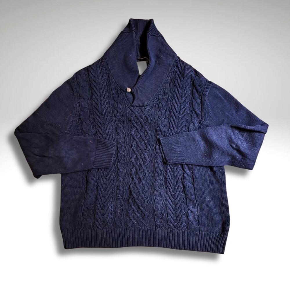 St. John’s Bay Navy Cable Knit Shawl Collar 100% Cotton Fisherman’s Sweater | XL - Picture 2 of 6